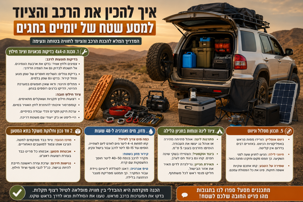 איך להכין את הרכב והציוד למסע שטח של יומיים בחגים (ראש השנה וסוכות)